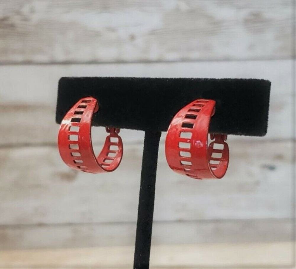 Vintage Clip On Earrings - Red Hoops with Rectangle Cut Outs 0.75"